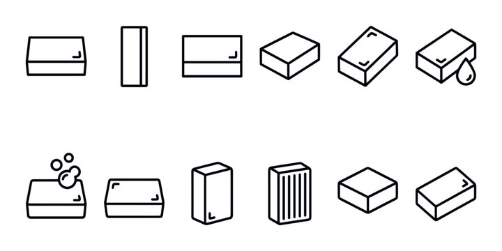 Various black outline soap bar icons are neatly arranged on a clean white background, showcasing different perspectives and details