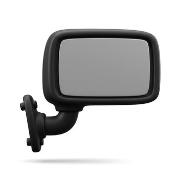 Matte black automotive wing mirror 3D model isolated on white background with subtle shadow