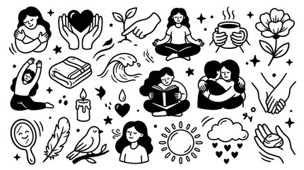 Fototapeta premium Various self-care and wellness doodle icons in a black and white hand-drawn style, representing peace and mindfulness on a clean background