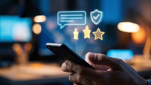 Digital Customer Support and Trust Concept: Floating Holographic Chat Bubble with Golden Stars and Verification Shield Vector above Blurred Smartphone