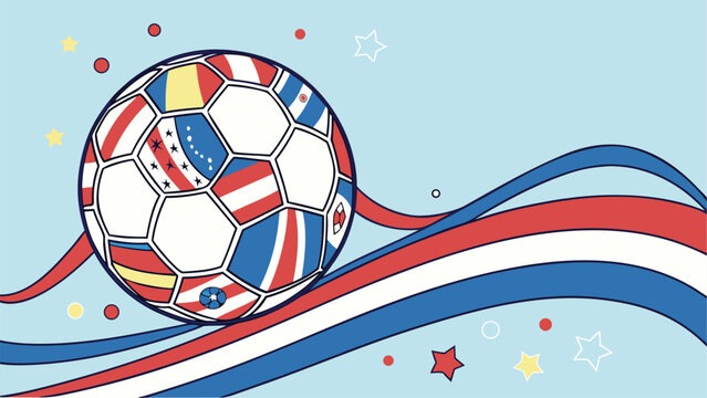 Soccer ball surrounded by colorful world flags representing international football unity and global competition.