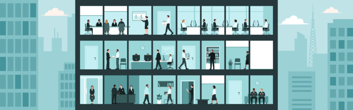 Business people at work in the corporate offices, building facade