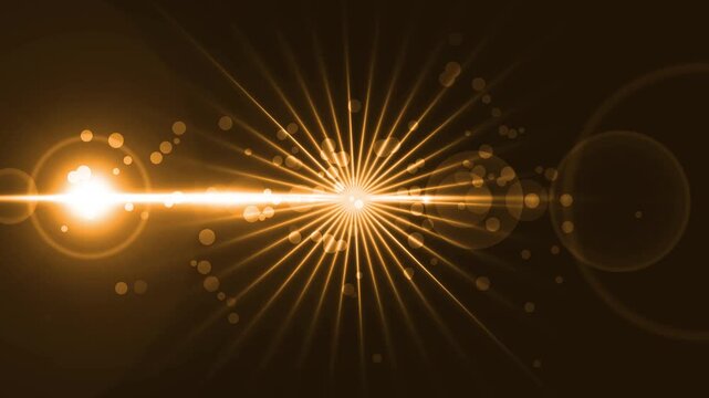 Starburst and horizontal lens flare across dark background animation, glowing bokeh orbs