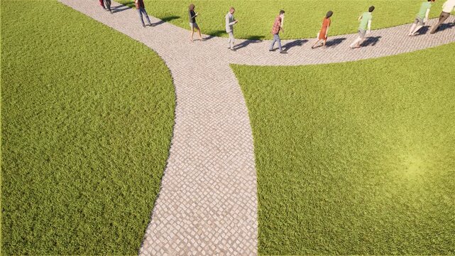 People walk on different way two curve paths 4k