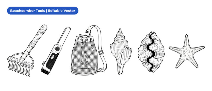 Beachcomber tools vector icons set featuring handheld metal detector, sand rake, mesh collection bag, sea shells, and starfish outline design for summer treasure hunting adventure hobby graphics.