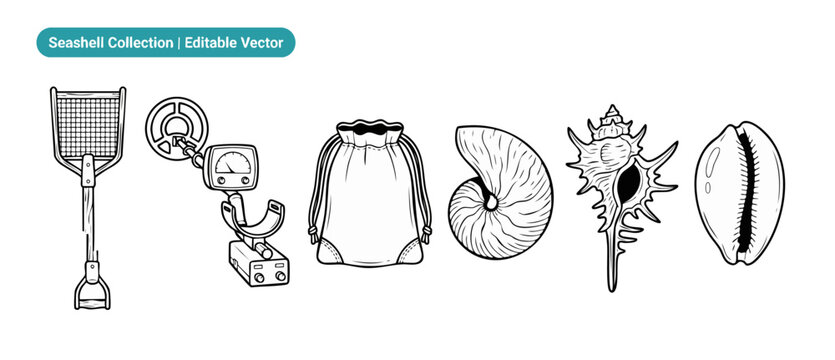 Seashell collection metal detector vector line art icon set featuring beachcombing gear with sand scoop, drawstring pouch, nautilus, murex, cowrie shells for treasure hunting and ocean coloring page.