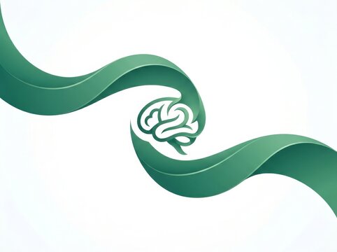 Elegant green wave design merges with brain shape, creating a dynamic abstract visual.