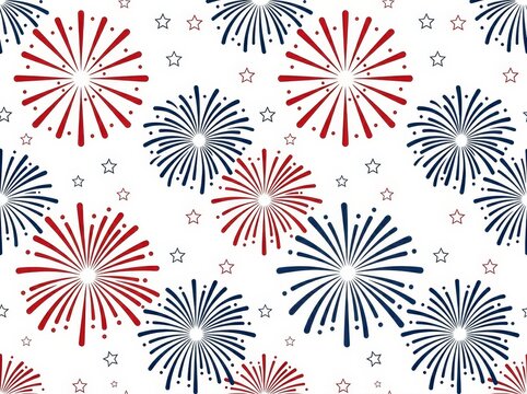 A repeating pattern of red and blue fireworks with small stars on a white background.