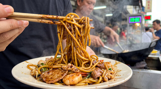 Hokkien mee dish with chopsticks