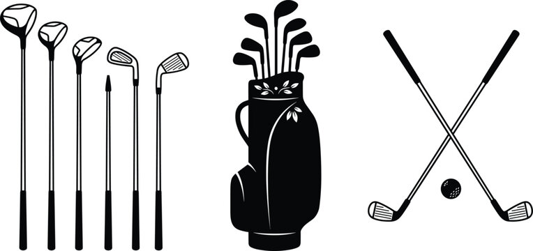 Black silhouette illustration of golf clubs, golf bag, and crossed clubs with ball representing sports equipment, leisure activity, and recreational design concepts