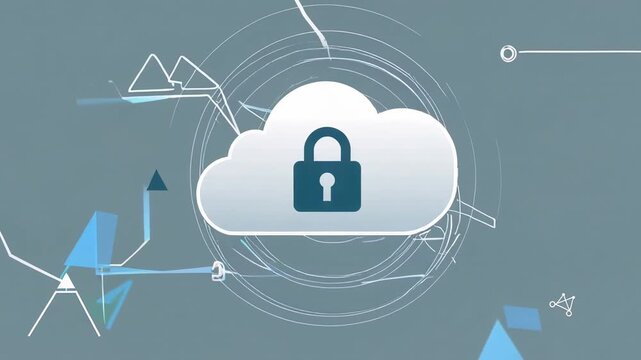 Cloud computing security visualization featuring padlock icon, representing data encryption and protection within digital network environment, safeguarding confidential information