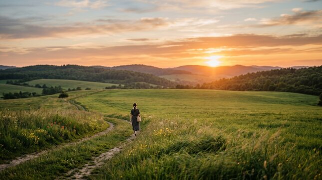 Walking towards sunset over rolling hills serene landscape nature photography peaceful environment inspiring viewpoint