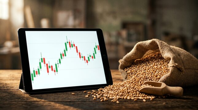 Analyzing market trends in agriculture digital workspace data visualization indoor close-up financial insights