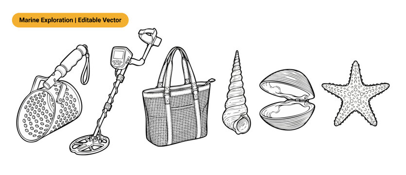 Metal detector beachcombing vector set with beach bag, sand scoops, and starfish icons for summer treasure hunting adventure hobby, coloring pages isolated outline illustrations on white background!