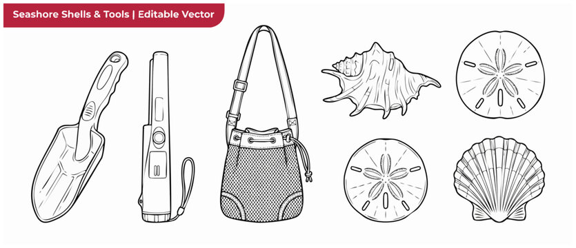 Seashell line art vector set with beachcombing tools including sand shovel, metal detector, mesh bag, conch, sand dollars, and scallop shells for coloring book crafts and summer beach hunt design.