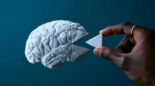 A hand holds a triangular puzzle piece poised to fit into a brain-shaped puzzle, symbolizing creativity, innovation, and problem solving. Ideal for marketing campaigns, educational materials, and