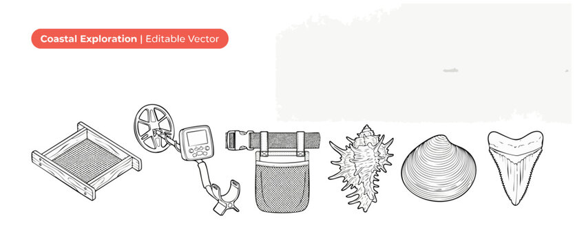 Metal detecting beachcombing vector set for treasure hunting, fossil hunting, and shell collecting activities, featuring sifter, utility belt, shark tooth, and conch seashell outline graphic icons.