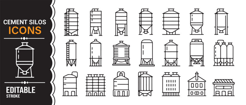 Construction material and cement silo line icons pack with storage tank symbols editable vector design