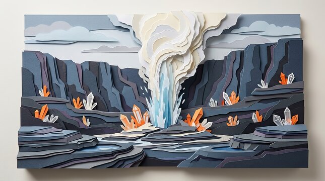 Papercraft landscape with geyser and crystals.