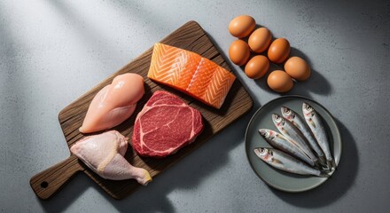 Naklejka premium Assortment of high protein foods including raw chicken, beef steak, salmon fillet, eggs, and small fish