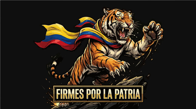 Powerful Leaping Tiger with Colombian Flag "Firmes Por La Patria" Patriotic Mascot Art