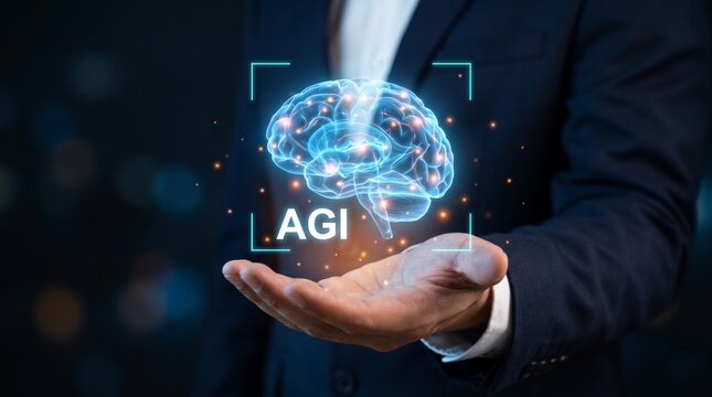 Businessman holding a digital glowing brain hologram with agi text, representing artificial general intelligence, future technology, and innovation