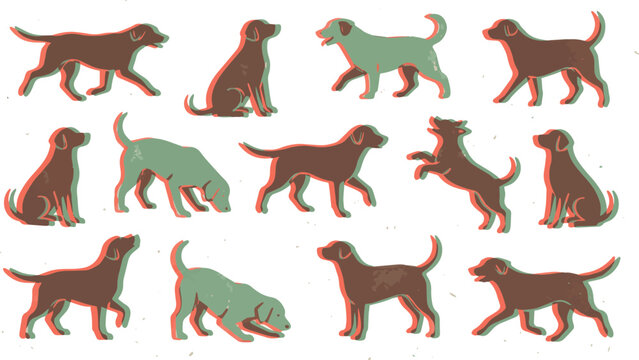 Vector illustration of multiple dogs in various poses and colors on white background with graphic design elements.
