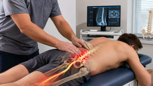 Lumbar Spine Sciatica Treatment Procedure Demonstrating Nerve Root Impingement, Spinal Injection Therapy, and Clinical Pain Management Techniques for Medical Education