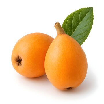 Two Fresh Yellow Loquat Fruits with Green Leaf Isolated on White Background Ripe Medlar Nispero Christian Fruit Sweet Exotic Healthy Organic Ingredient