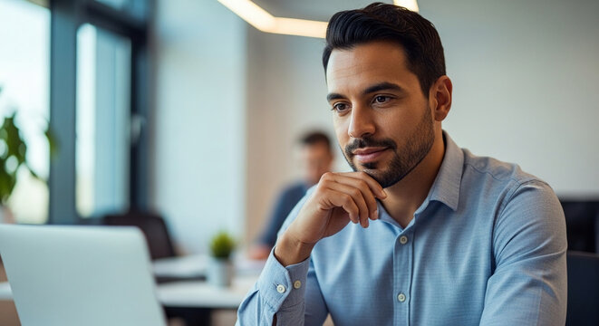 Successful young entrepreneur looking at computer screen in bright office, handsome professional man brainstorming ideas for startup project.