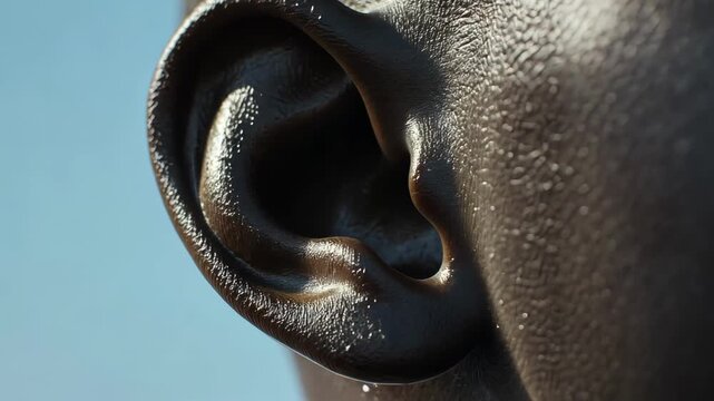 Dark skin human ear listening carefully with blue sky in background, perfect for projects related to hearing, listening, sound, audiology, communication, and the human senses