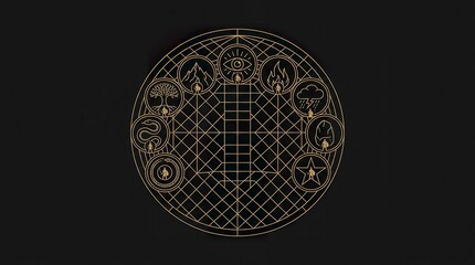 Mystical Golden Circle with Symbols on Dark Background.
