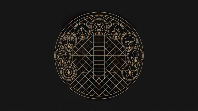 Mystical Golden Circle with Symbols on Dark Background.