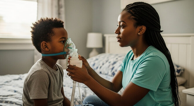 African American mother helping her young son use a nebulizer machine for asthma treatment or respiratory therapy in a home bedroom environment.