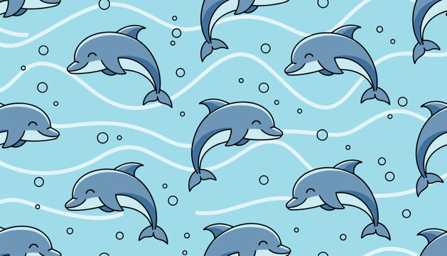 Playful blue dolphins swimming in gentle sea waves with bubbles seamless pattern for nursery decor and textiles.