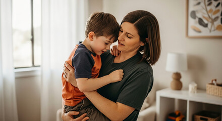 Fototapeta premium Affectionate mother holding her young son in a bright living room, capturing a tender moment of bonding and maternal love at home.