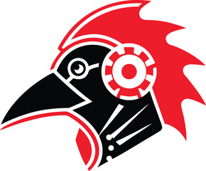 Black and red robotic rooster head logo ©  Design_ mn