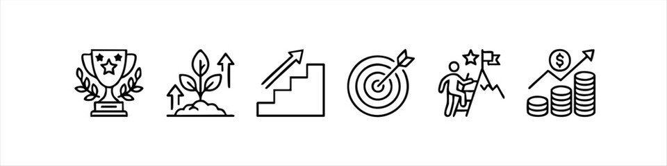 Set of linear business icons featuring a trophy, growth plant, stairs, target, ladder climb, and money growth. Ideal for professional success and achievement concepts. © temastadnyk