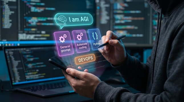 A developer in a hoodie using a smartphone to interact with a futuristic holographic interface displaying agi, coding automation, and devops concepts