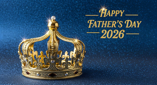 Golden crown with Father's Day message on dark blue background celebration style
