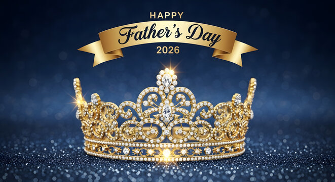 Golden crown celebrating Father's Day with sparkling gems and festive banner on dark background