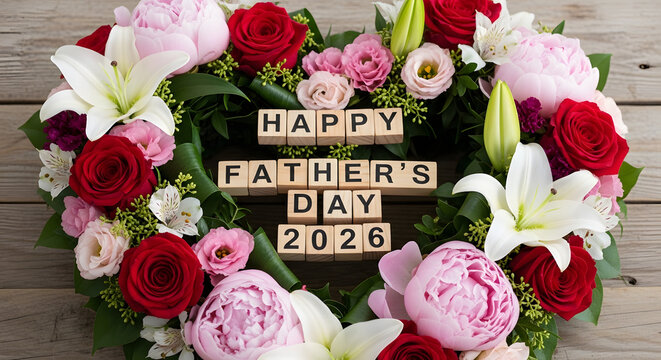 Floral heart-shaped wreath with Happy Fathers Day message on wooden background