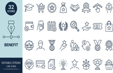 Naklejka premium Set of 32 hand drawn benefit and loyalty reward icons Vector