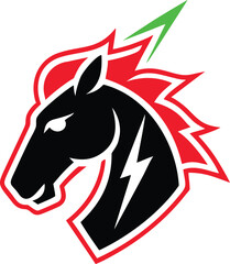 Fototapeta premium Bold black horse head with a fiery red stylized mane and striking green lightning bolt emblem design