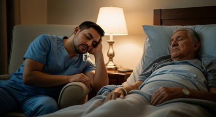 Obraz premium Exhausted Male Caregiver in Scrubs Sleeping in Chair Beside Senior Patient in Bed, Healthcare Worker Fatigue and Compassion in Home Care Setting