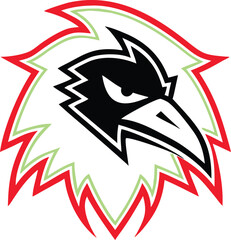 Obraz premium Bold black raven head mascot design showcasing a sharp profile with vibrant red and green stylized feather outlines