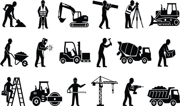 Construction and building worker icons set with industrial machinery, laborers, and engineering equipment silhouettes on white 