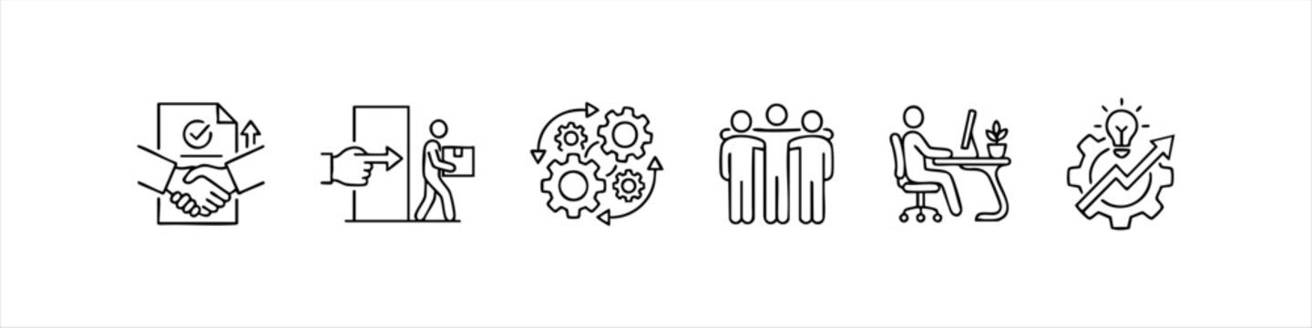Professional business and HR line icon set featuring hiring, offboarding, workflow, teamwork, office productivity, and innovation. Ideal for corporate branding and management presentations.
