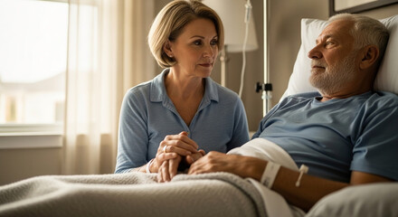 Fototapeta premium Mature woman holding hands with an elderly man lying in a hospital bed, offering compassionate support and comfort during medical treatment and recovery.