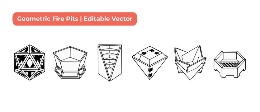 Geometric fire pit vector icons showing modern outdoor fireplace designs set for backyard patio decoration projects, minimalist metal brazier outline illustrations in black and white graphic styling.